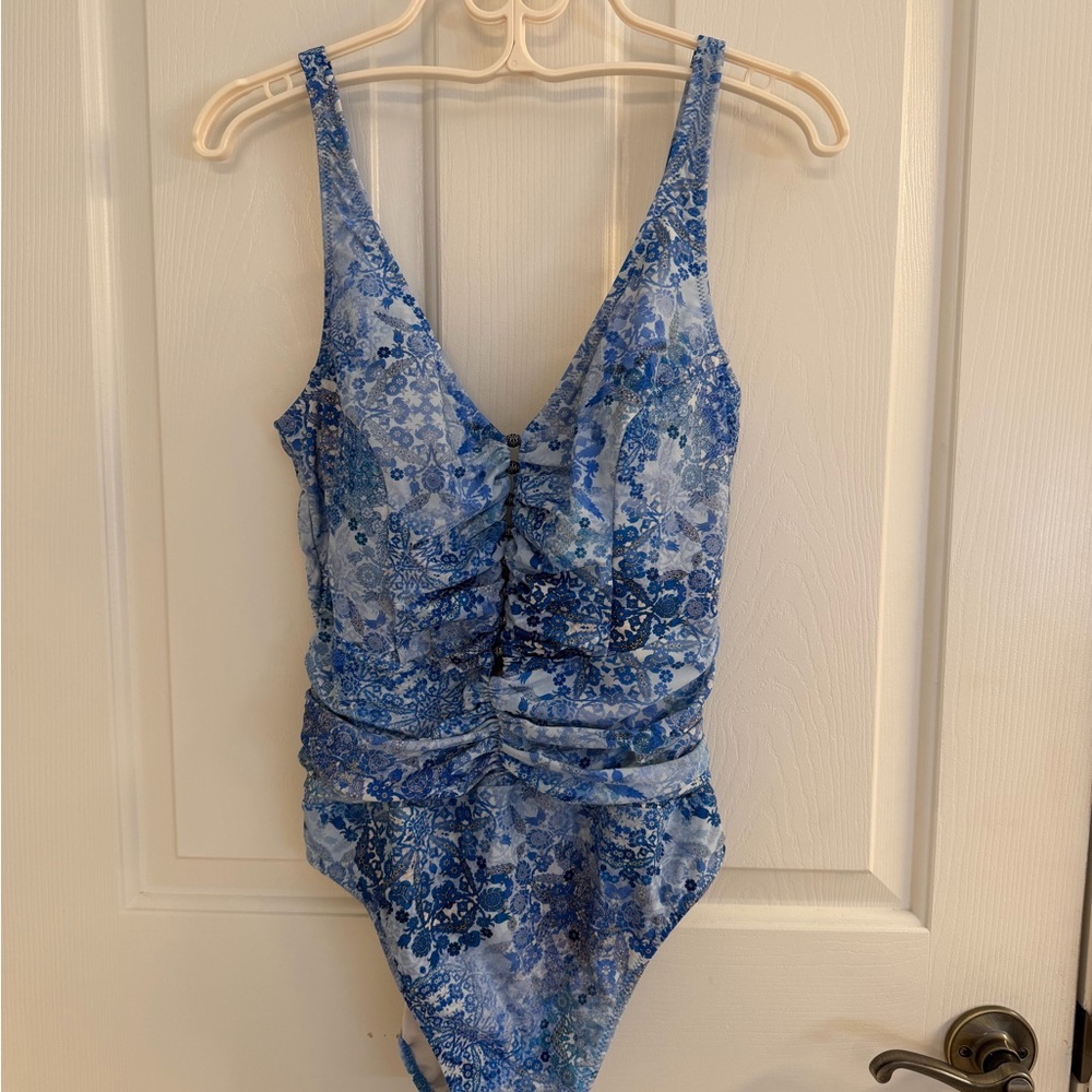 Blue Floral One-Piece Swimsuit- very flattering- hides your tummy!